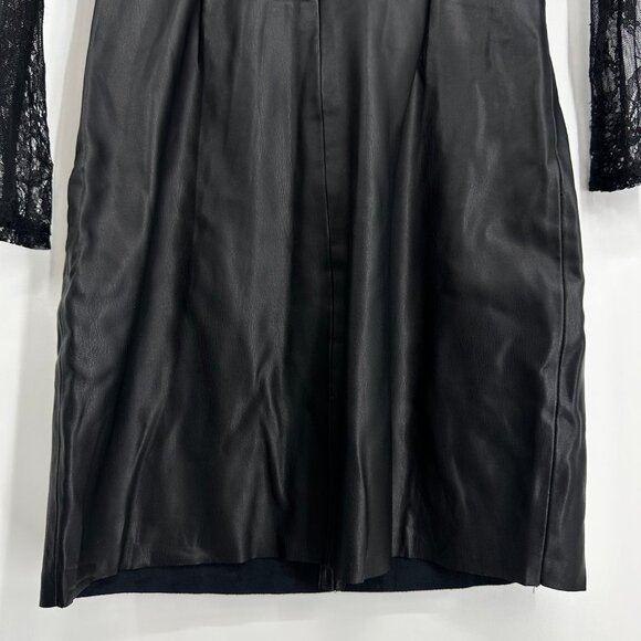 Zara Faux Leather Dress Lace Ruffle Mini Cocktail Sheath Black Sheer Long Sleeve - Picture 7 of 9